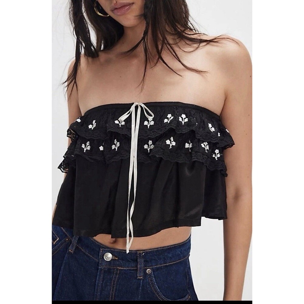 Free People Tailia Embroidered Tube Top Lace Ruffle Strapless Beach Crop M NEW